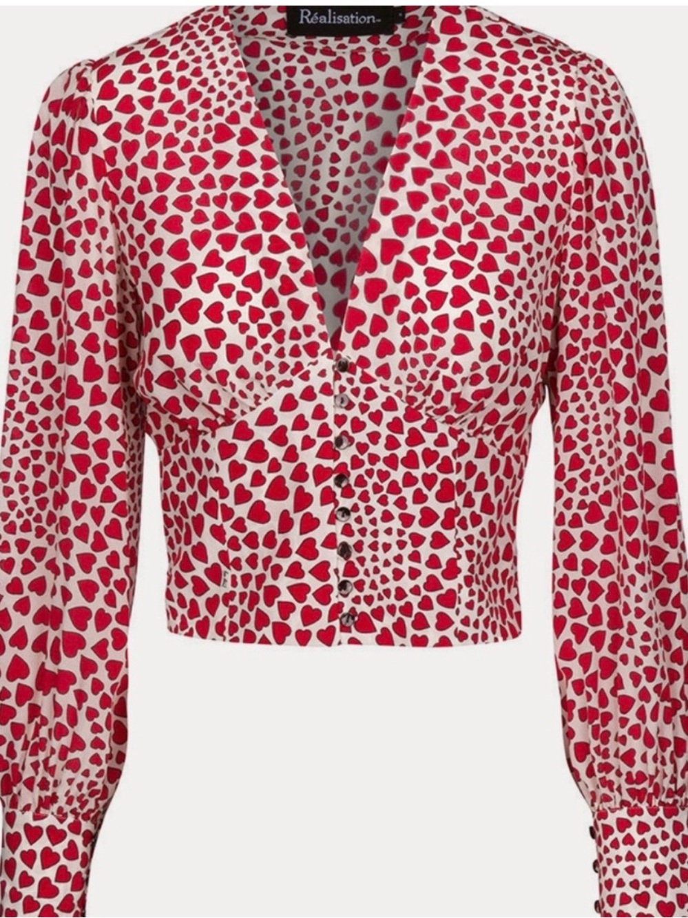 Realisation Par Red and White Heart-Print V-Neck Button Blouse size Small